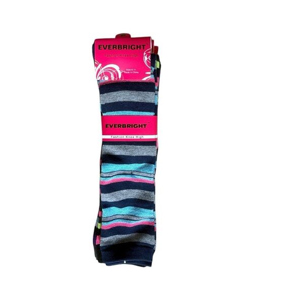 Three Pairs Everbright Fashion Knee High Womens Striped Socks - Picture 3 of 4